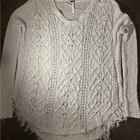 Free People Tan Crew Neck Sweater with Intricate Knit Pattern - Picture 2 of 12
